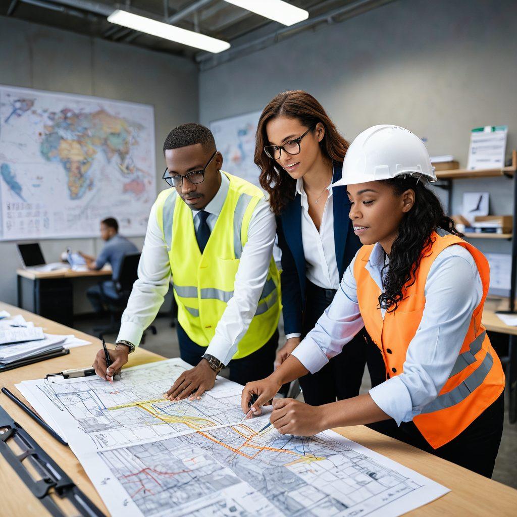 A dynamic scene depicting a diverse group of professionals—such as a woman with a clipboard, a man analyzing graphs, and a contractor with blueprints—collaborating in a brightly lit office filled with local maps and bid documents. The background should include elements representing local infrastructure like buildings and roads, symbolizing opportunity. The atmosphere should feel energetic and focused, highlighting teamwork and strategic planning. super-realistic. vibrant colors. white background.