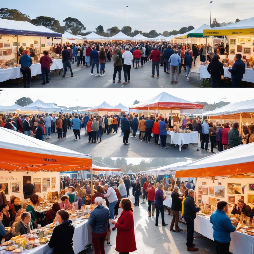A vibrant collage depicting a bustling local auction scene with diverse community members actively bidding, surrounded by stalls showcasing an array of services and items. Include a prominent banner overhead reading 'Transforming Community Services' with people engaging in lively conversation and collaboration. Atmospheric lighting to emphasize a sense of community and opportunity. super-realistic. vibrant colors. white background.