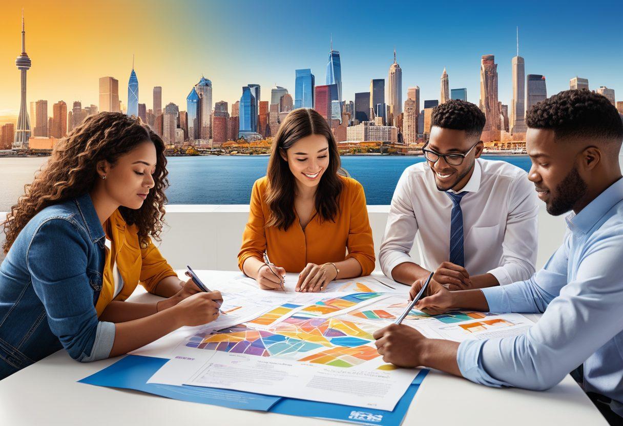 A diverse group of service providers collaborating around a table filled with colorful local auction flyers and tender documents. Display elements like a city skyline in the background, symbols of community potential like gears and light bulbs illuminating above. Add a sense of connectivity with lines connecting the people. super-realistic. vibrant colors. white background.